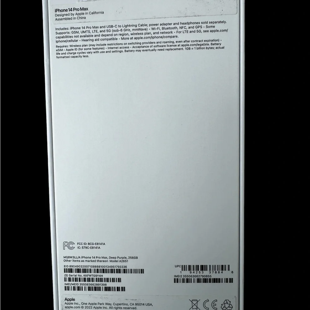 Apple A2651 iPhone 14 Pro Max Deep Purple 128GB - Empty Box ONLY